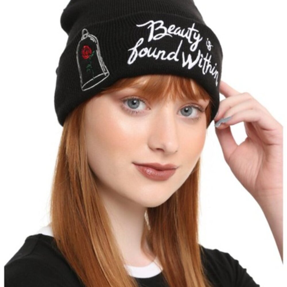 Disney Beauty and the Beast Beauty Is Found Within Black Beanie Enchanted Rose